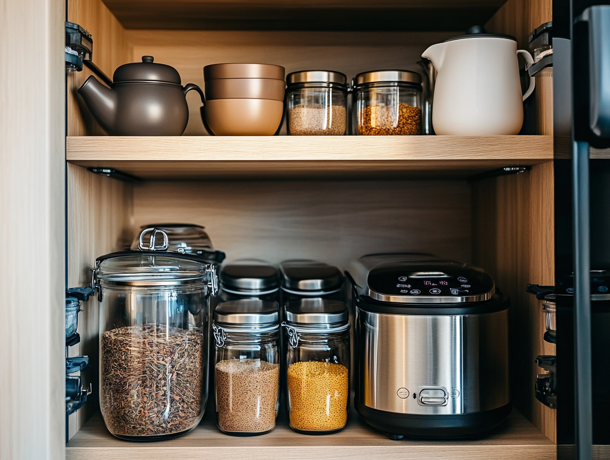 Neatly organized kitchen cabinet with teapot, bowls, slow cooker