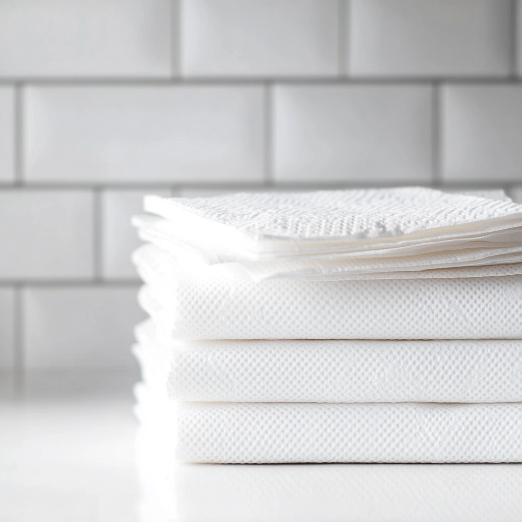 Neatly stacked white Z-fold paper towels ready for use.