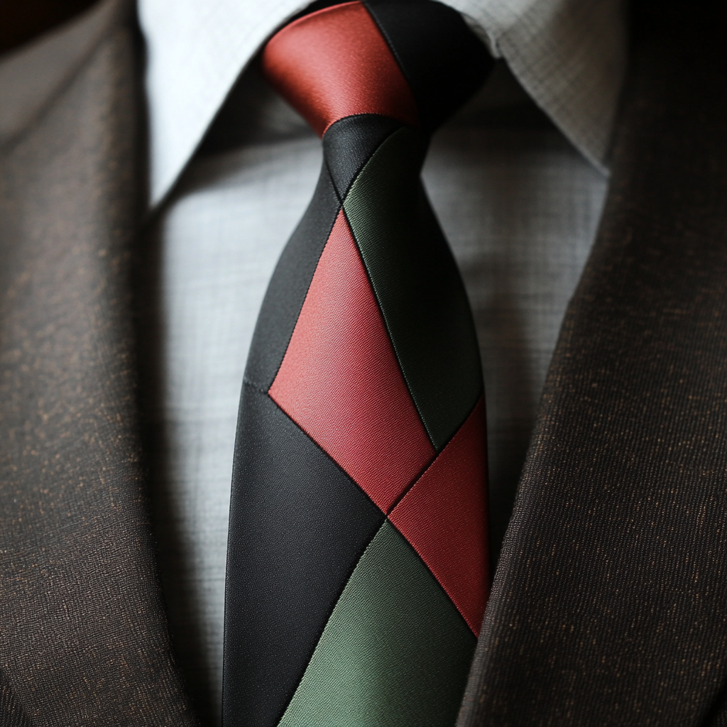 Necktie featuring flag design: red triangle, green & black.