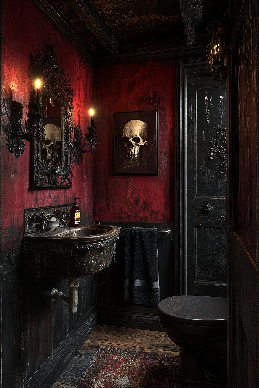 Necromancer’s Nook Gothic bathroom with skull motifs and candles.