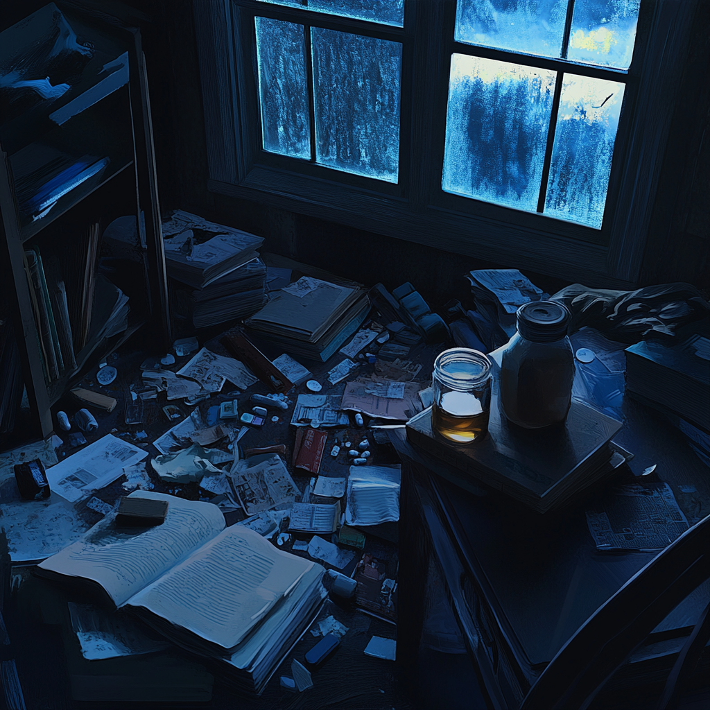 Neglected Room with Scattered Items and Stormy Night