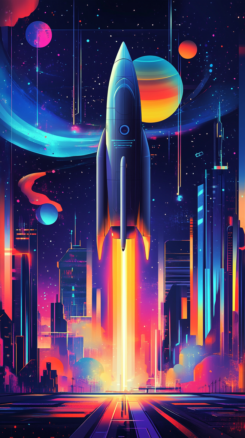 Neo Tokyo skyline with futuristic rocket launchpad.