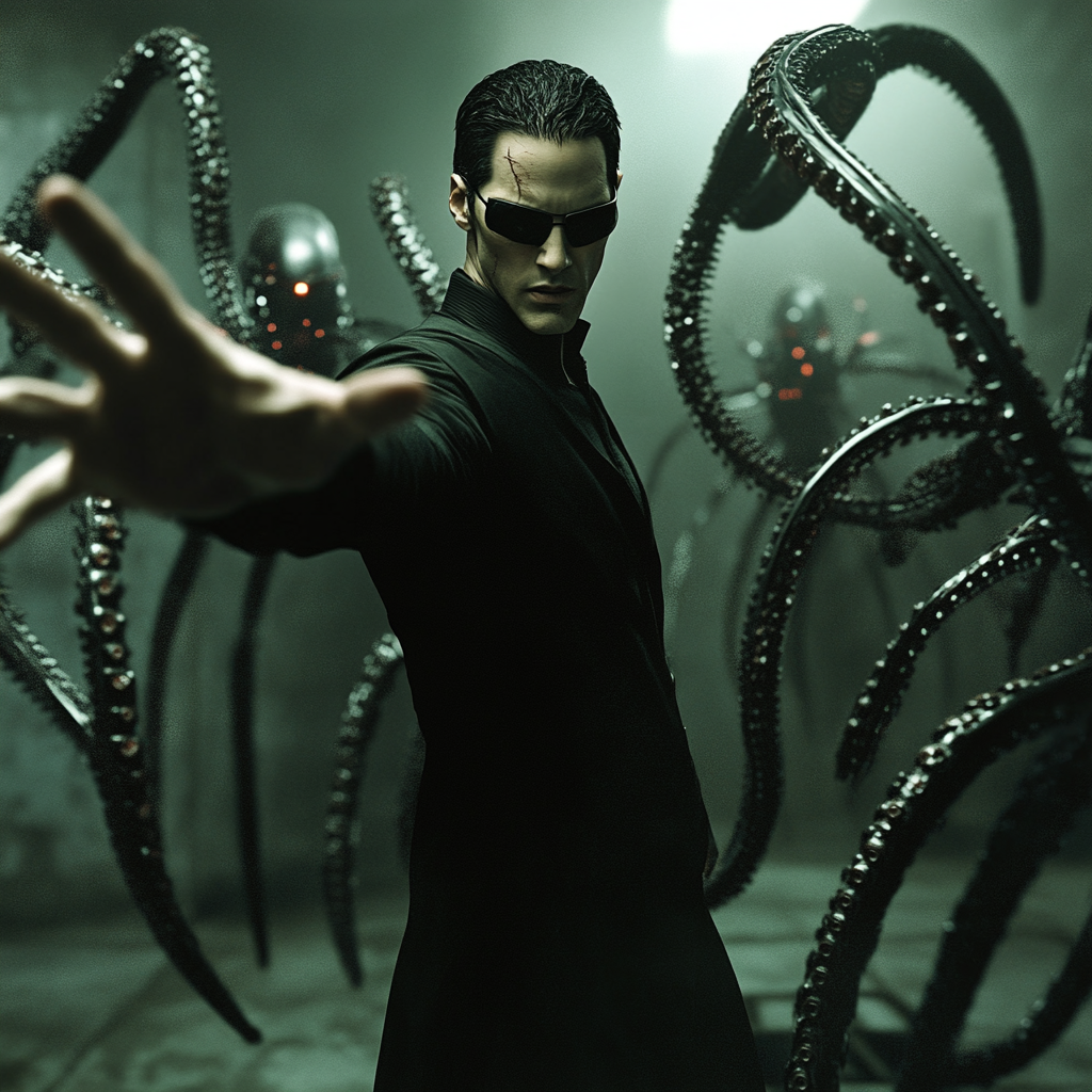 Neo from The Matrix stops robots with arms.