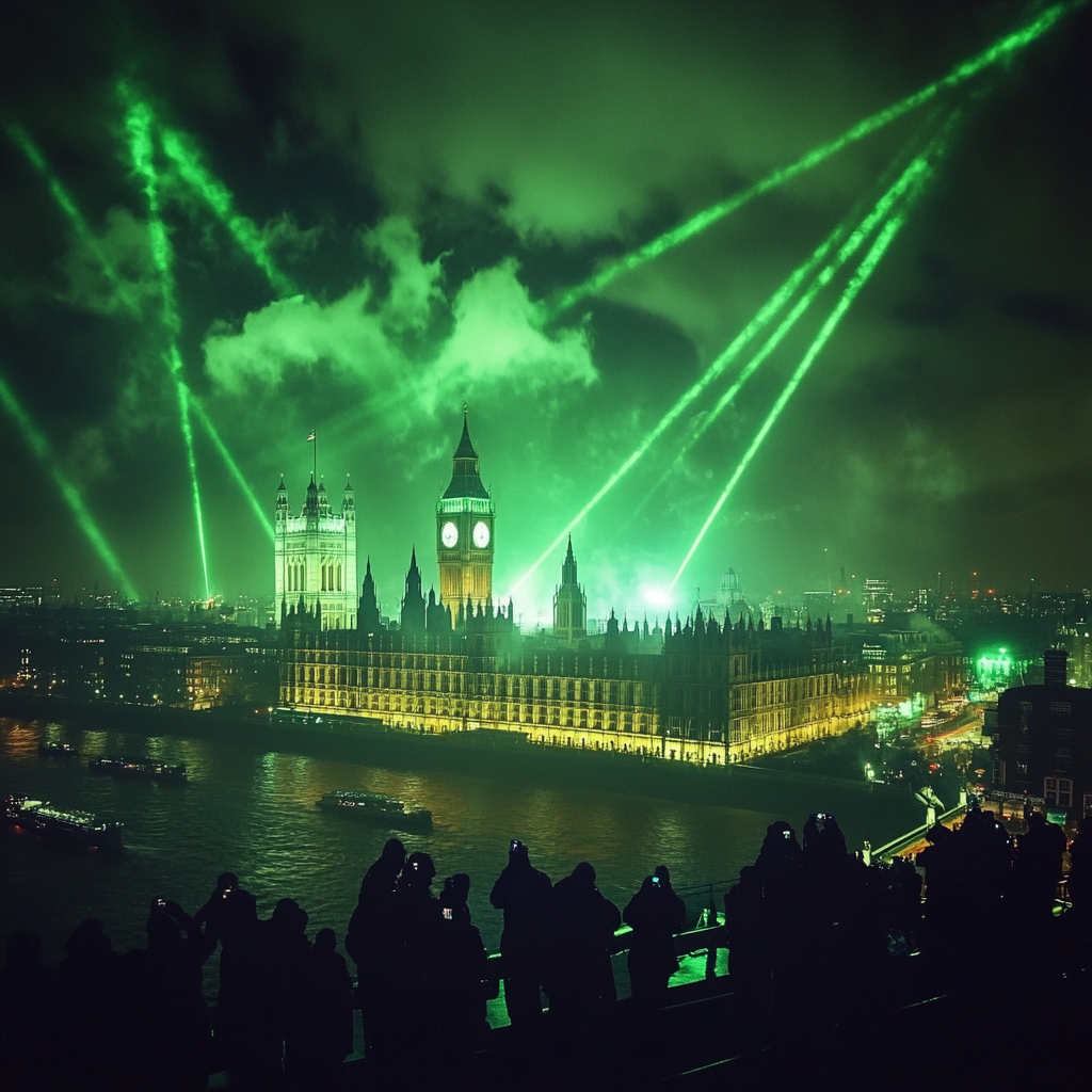 Neon Green Spotlight on London Parliament, Night Sky Crowd.