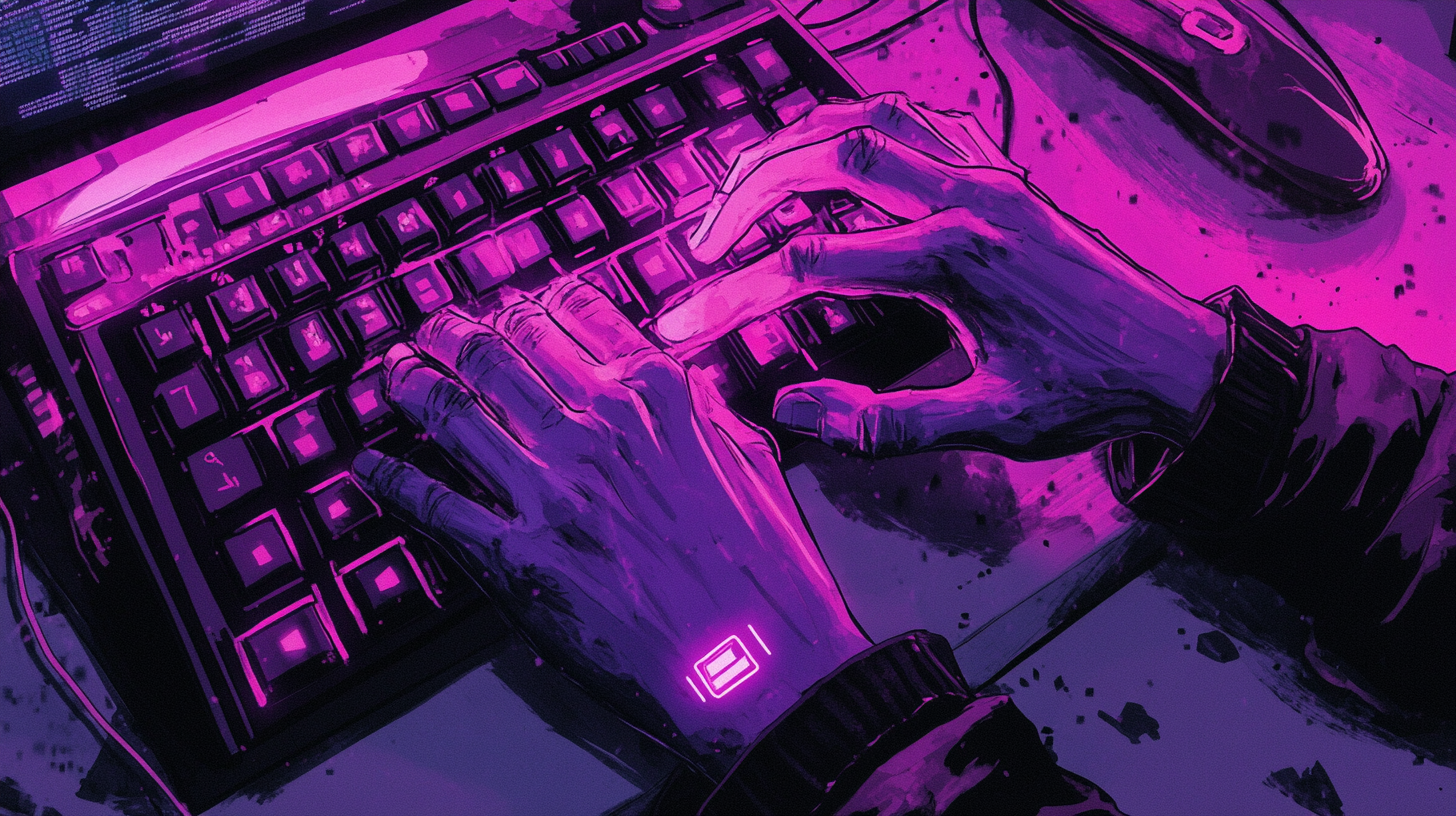 Neon Hands Typing in Cyber Punk Office