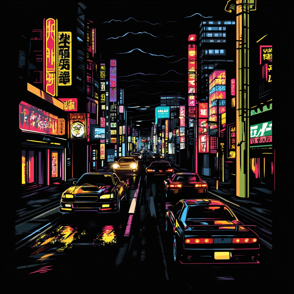 Neon Japan City Street with Racing Cars Silhouettes