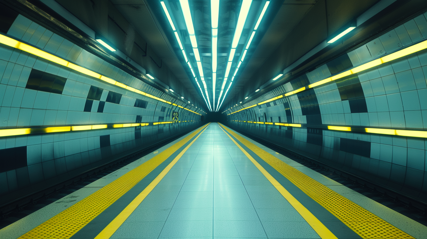 Neon Light Tubes in Metro Corridor, Cinematic Dark