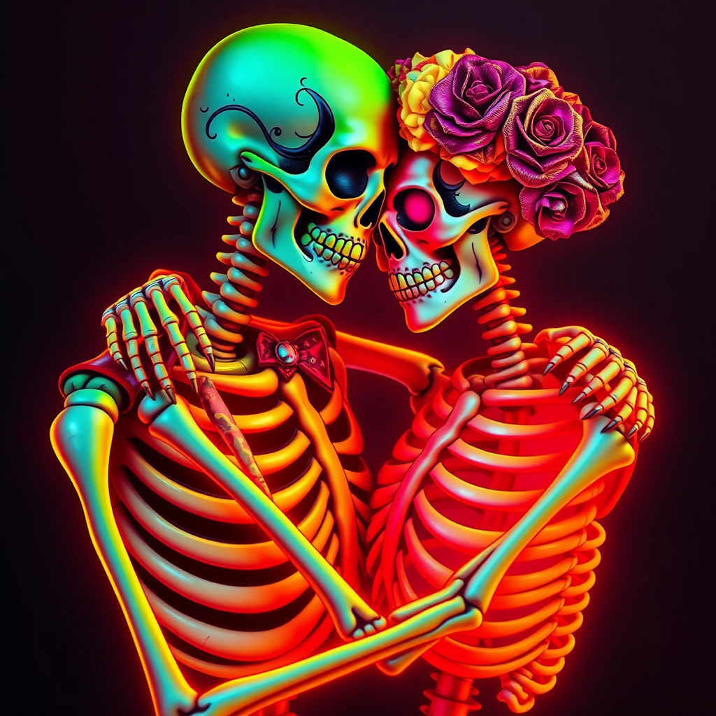 Neon Sugar Skull Lovers Embrace