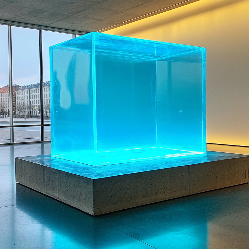 Neon blue box on concrete pedestal in Copenhagen gallery.