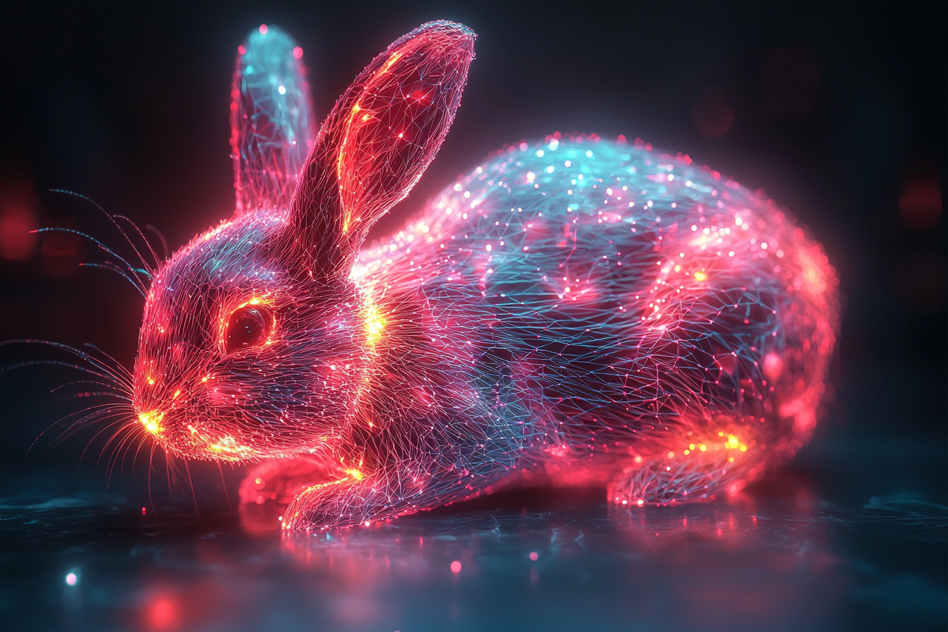 Neon geometric bunny in empty black space.