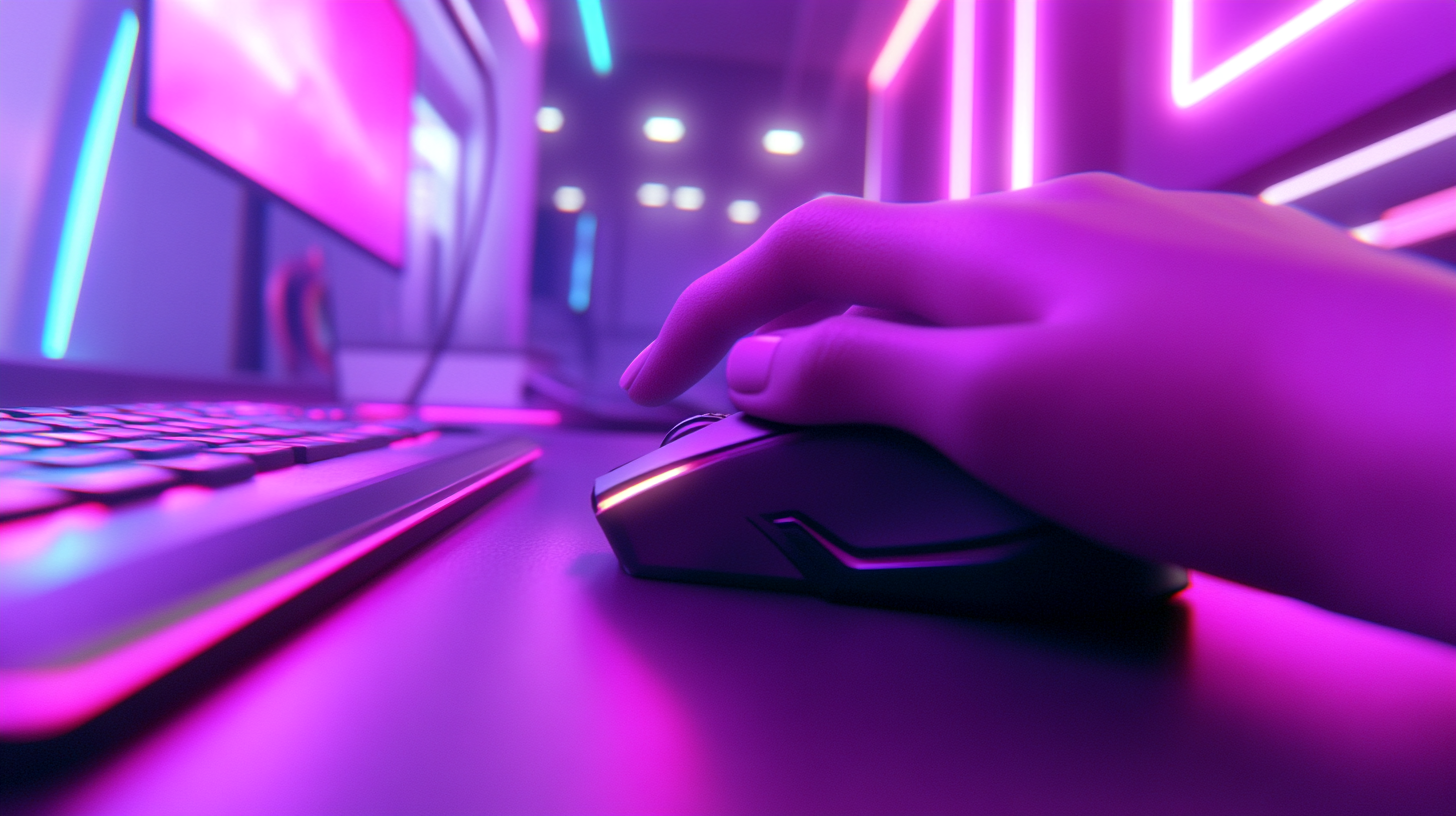 Neon glowing hand clicks mouse in cyber office