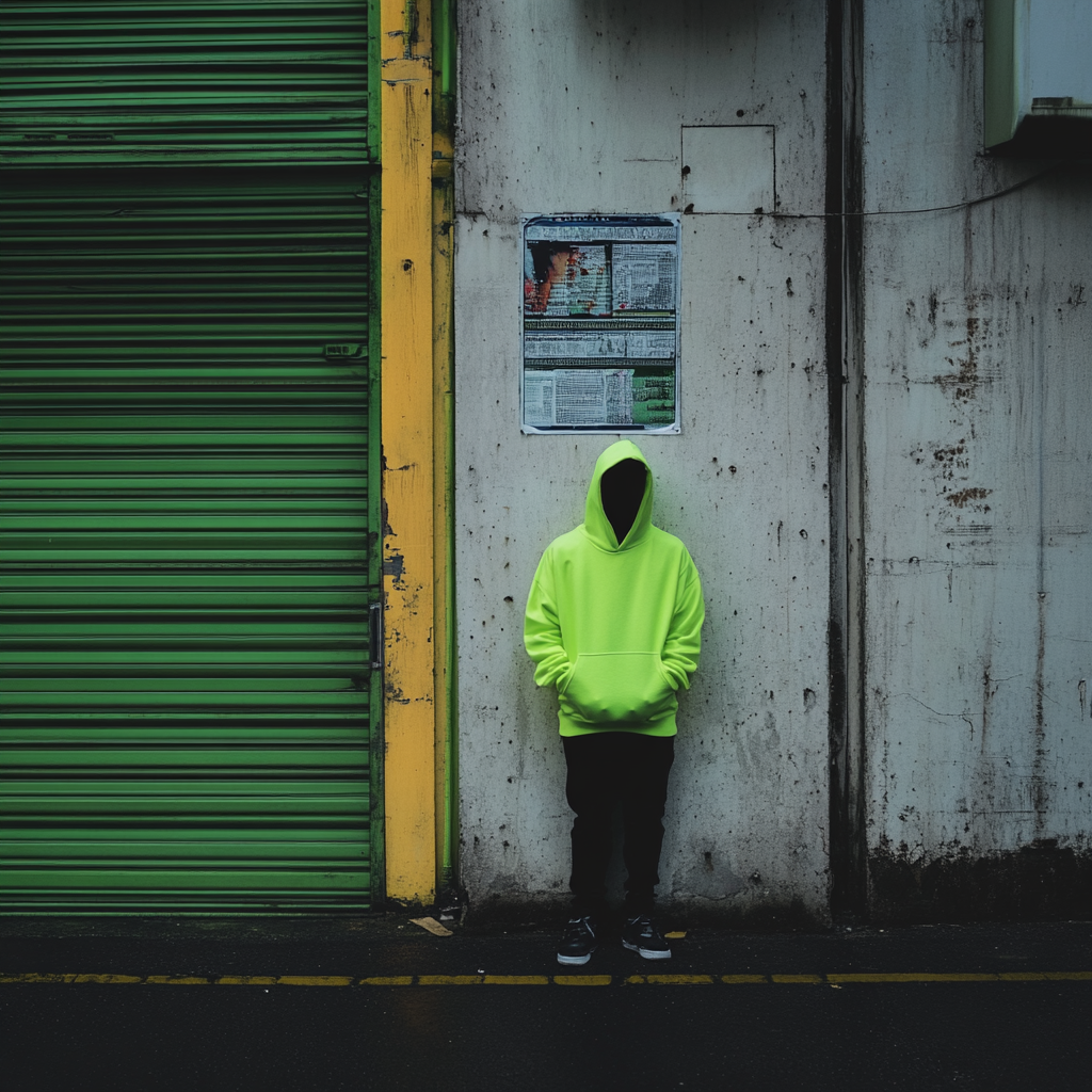 Neon green hoodie, hood up, dramatic lighting.