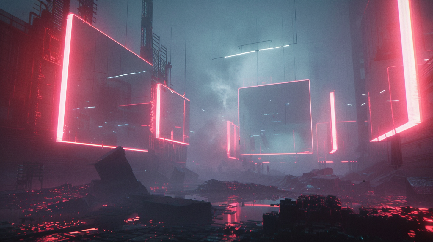 Neon lasers float, casting eerie glow in futuristic wasteland.