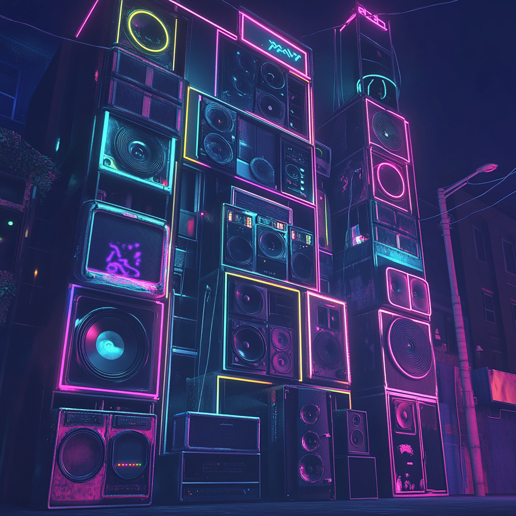 Neon lights and speakers outside a big party house.