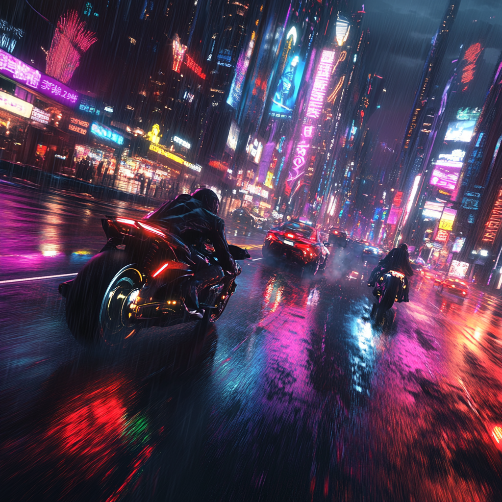 Neon-lit futuristic cityscape with speeding motorcycles and vibrant energy.