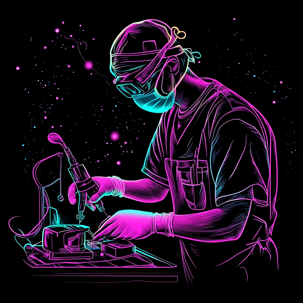 Neon scrub tech cleans orthopedic drill in space drawing.