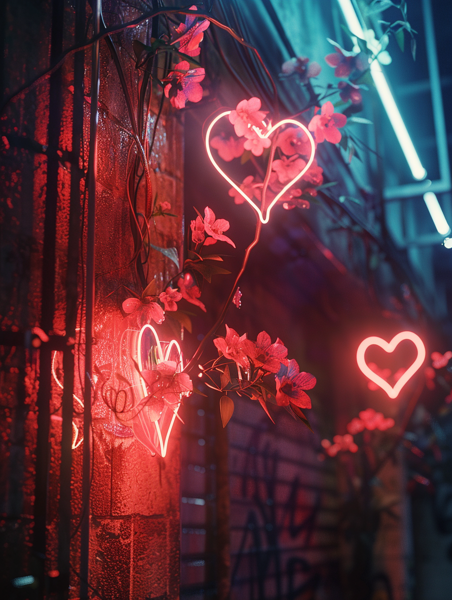 Neon signs and broken hearts on dark wall 