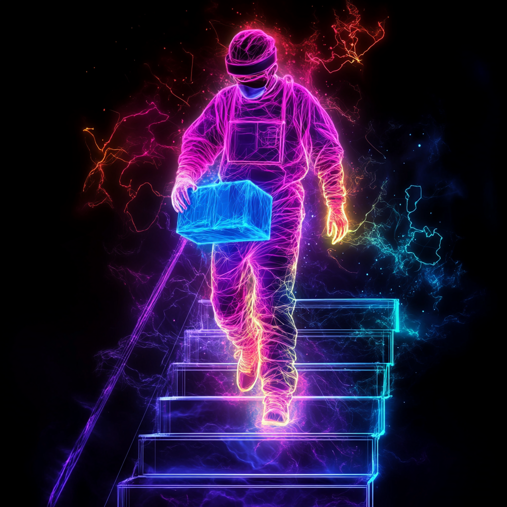 Neon sterile processing technician carrying blue medical package upstairs.