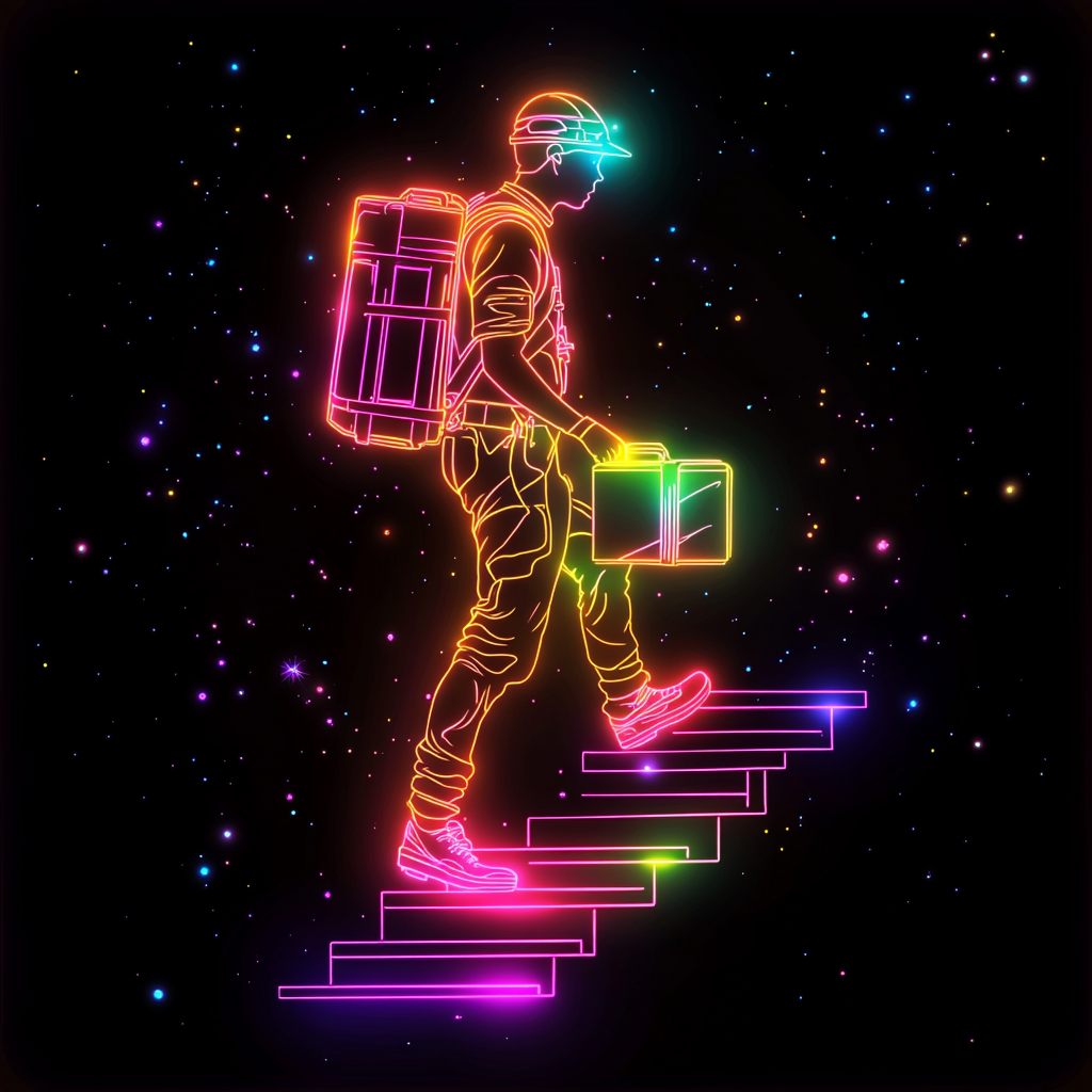 Neon sterile technician carrying medical package up stairs.