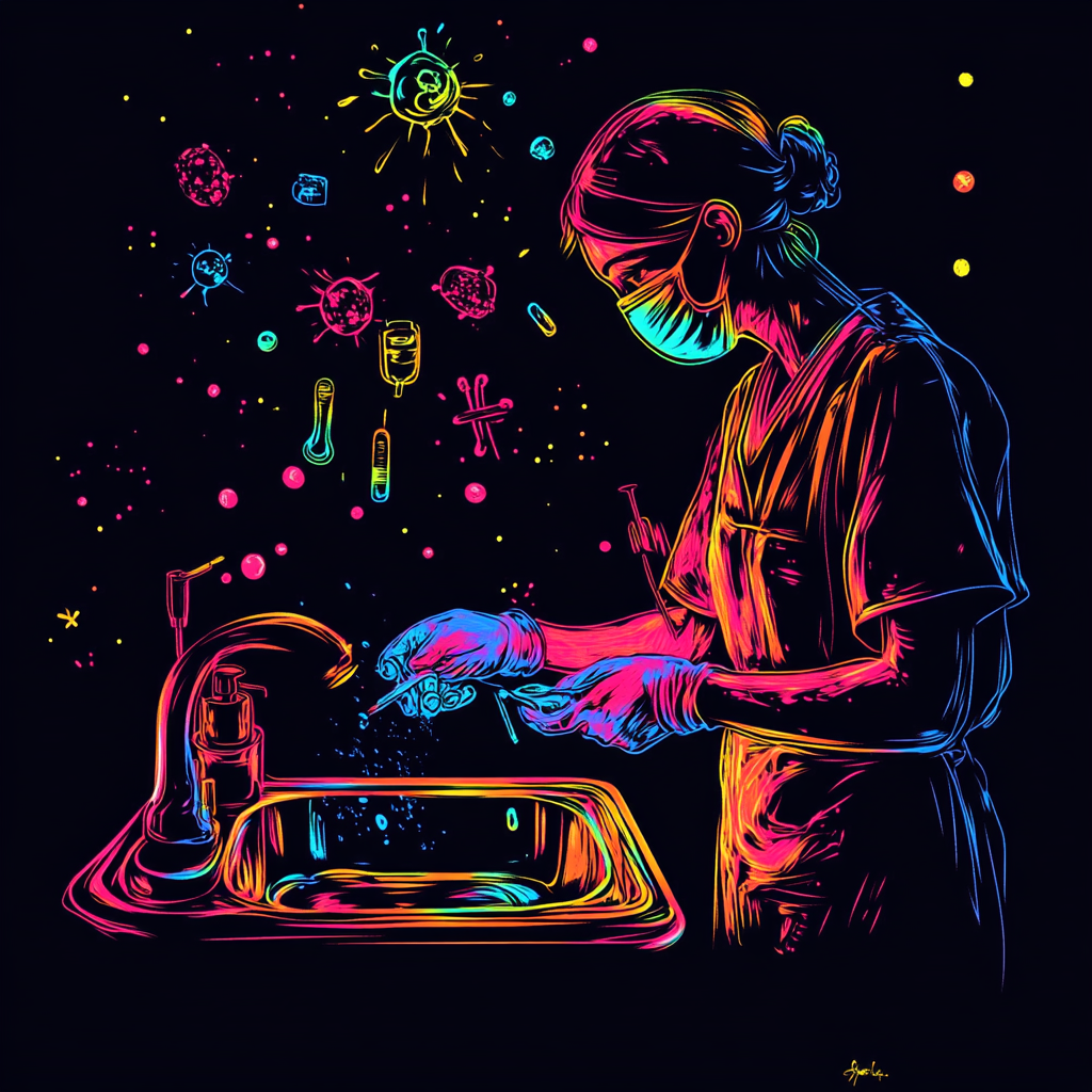 Neon technician cleans medical instruments; black background, glowing colors.