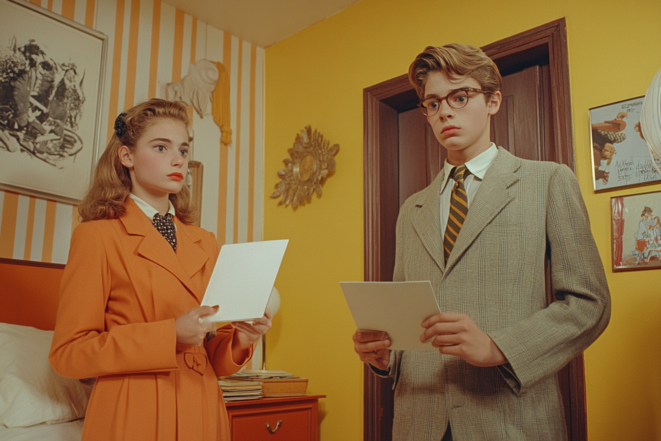 Nerdy boy in blazer holds envelope, sister at door.