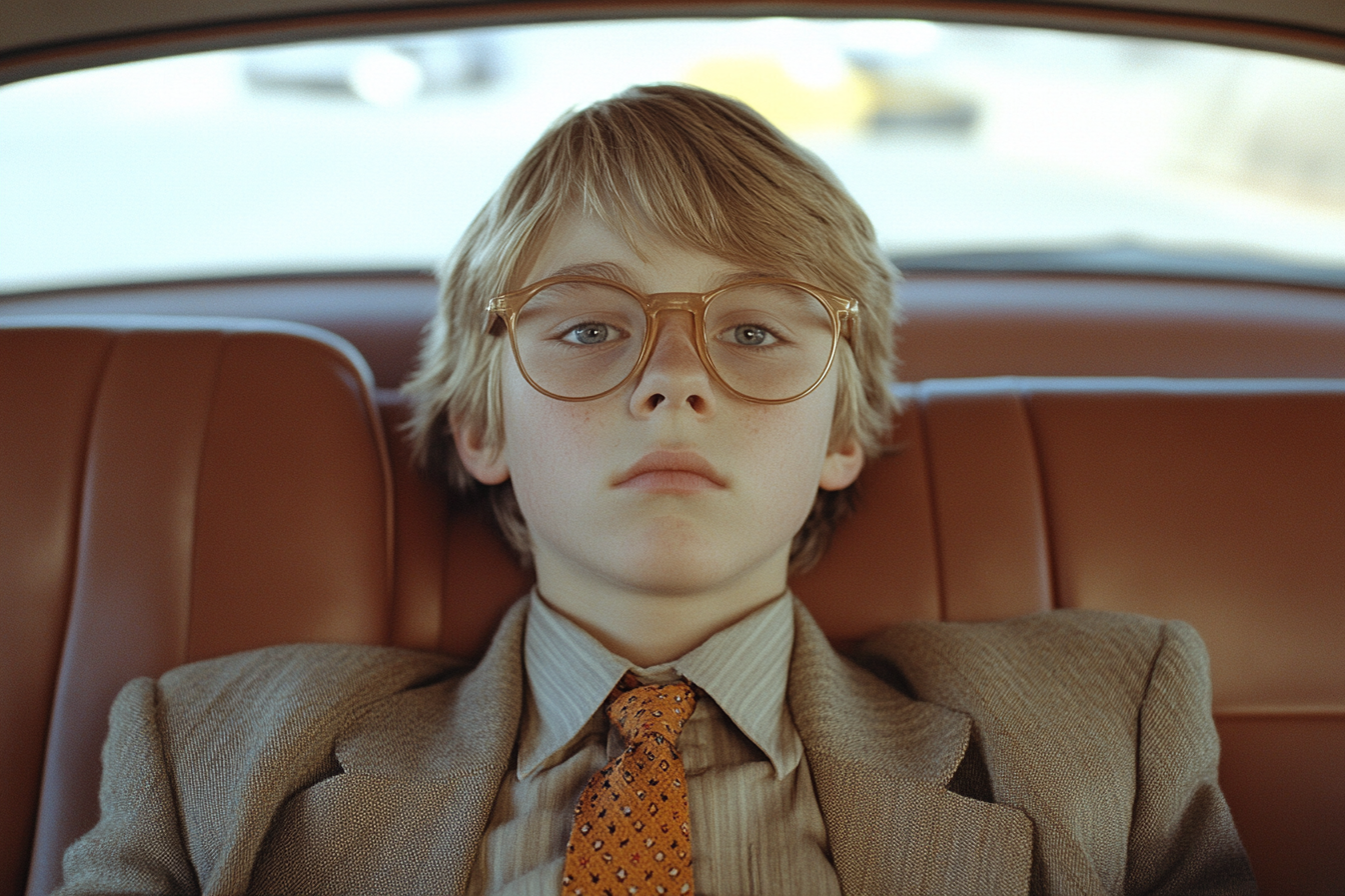 Nerdy teenage boy in car, Wes Anderson vibe, symmetrical.