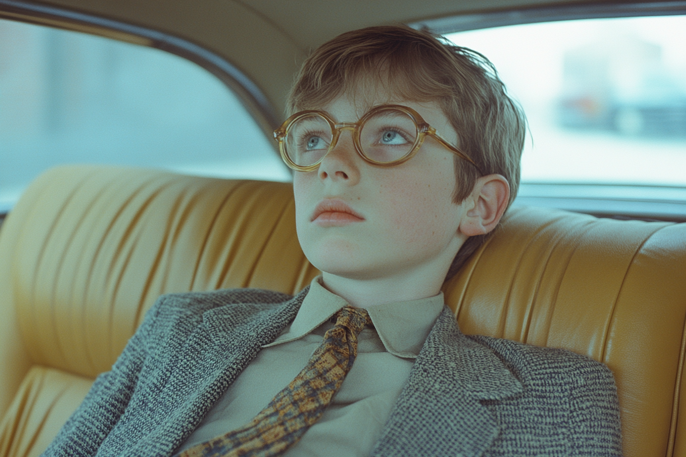 Nerdy teenage boy in school uniform sits in car.