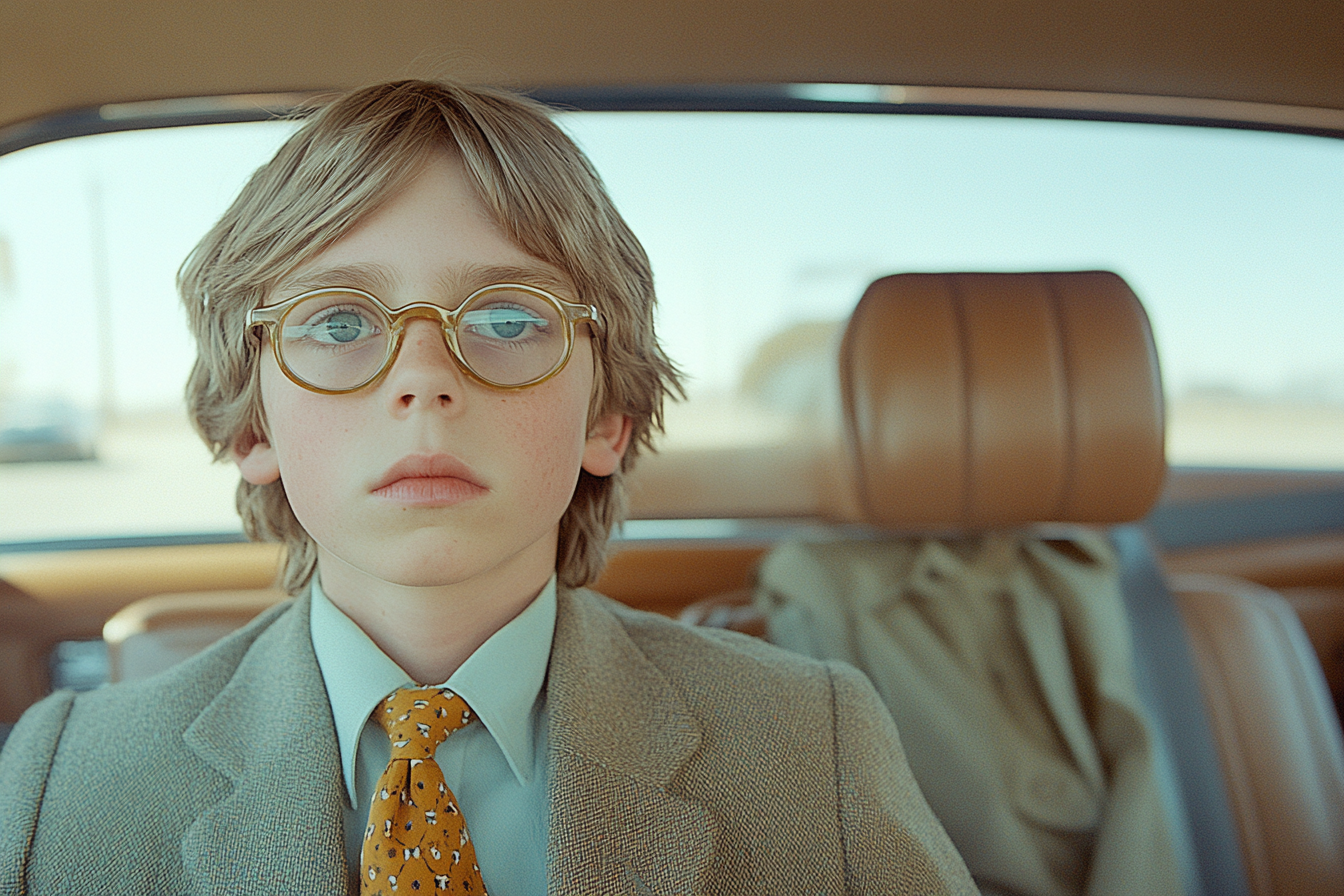 Nerdy teenager in school outfit sitting in car.