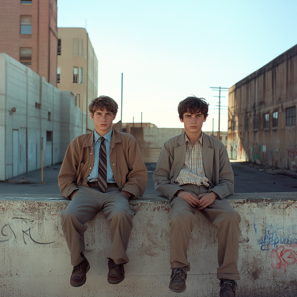 Nerdy teens in blazer sit on concrete wall.