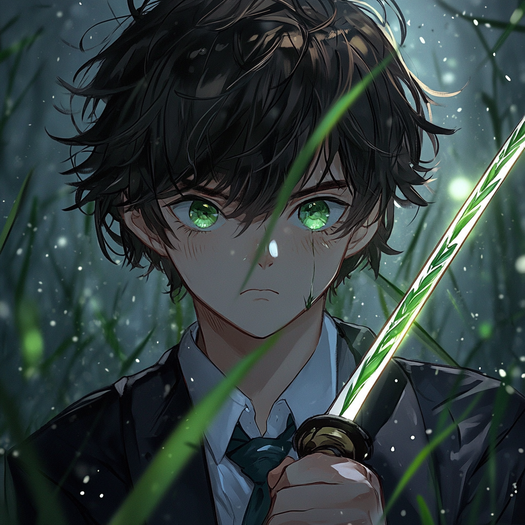 Nervous teenager with grass hair holds grass sword.