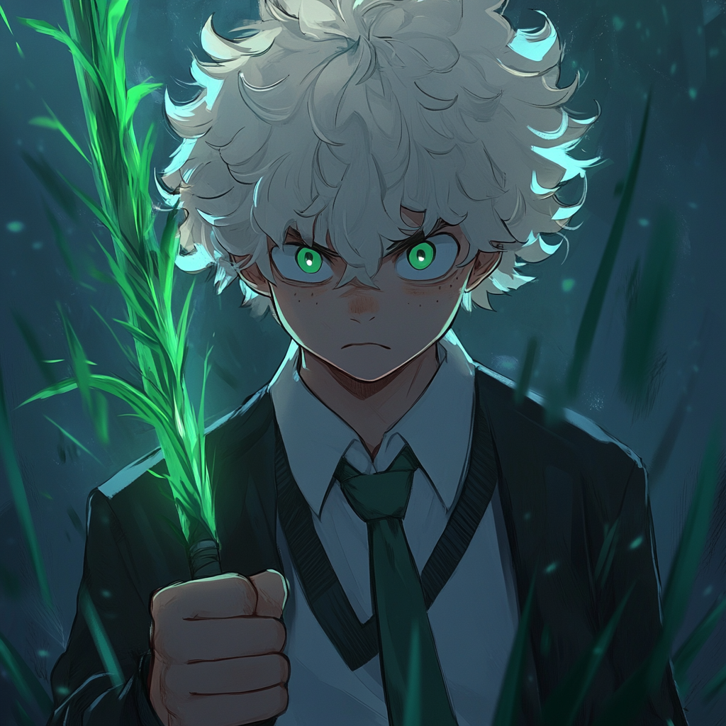 Nervous young hero with grass hair and sword