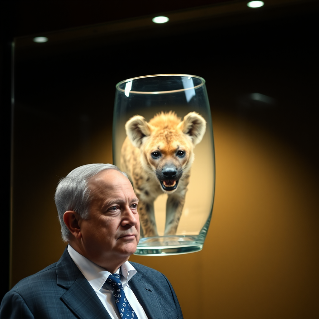 Netanyahu poses with hyena in glass reflection