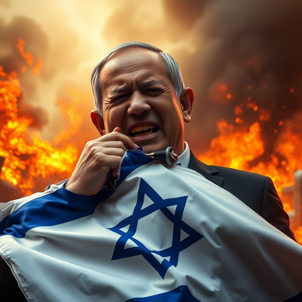 Netanyahu rises from flames holding torn flag, crying.