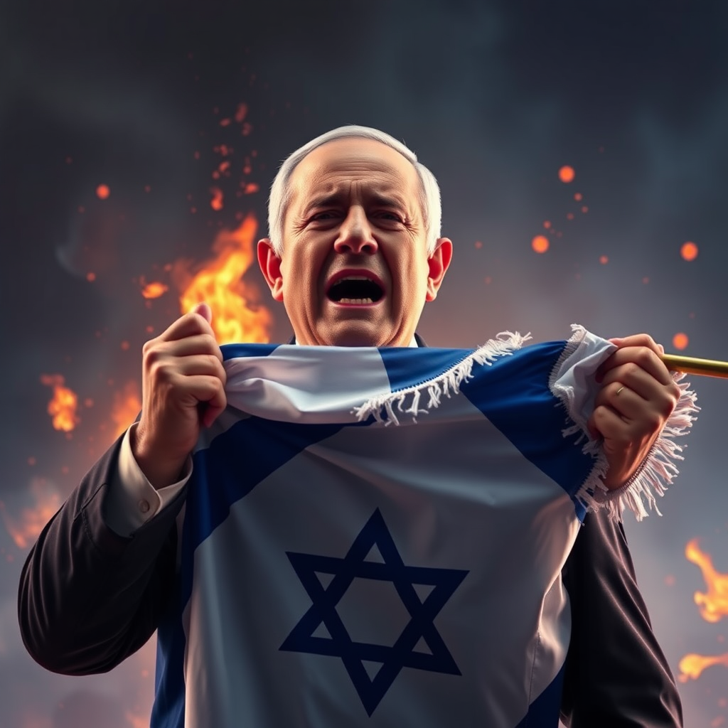 Netanyahu rises in flames, holds flag, cries.