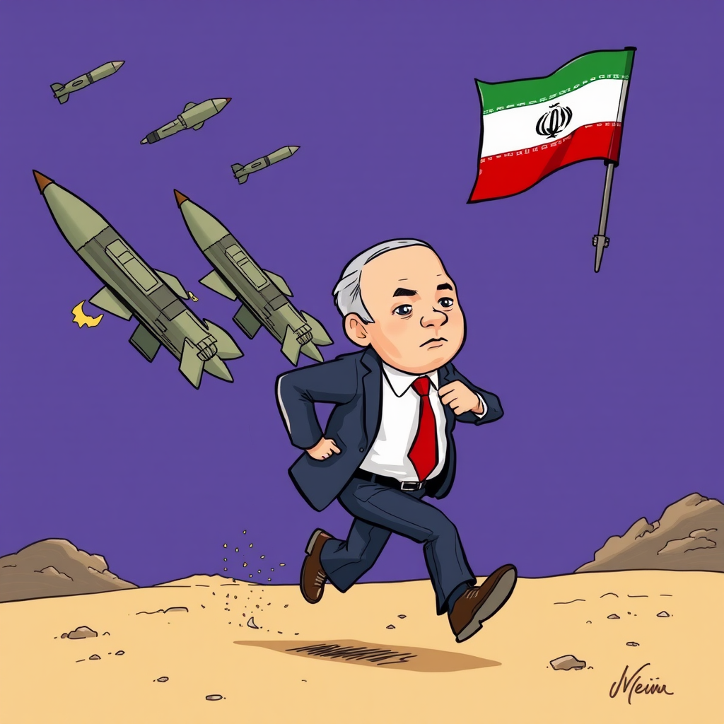 Netanyahu running from missiles with Iranian flag, cartoon image.