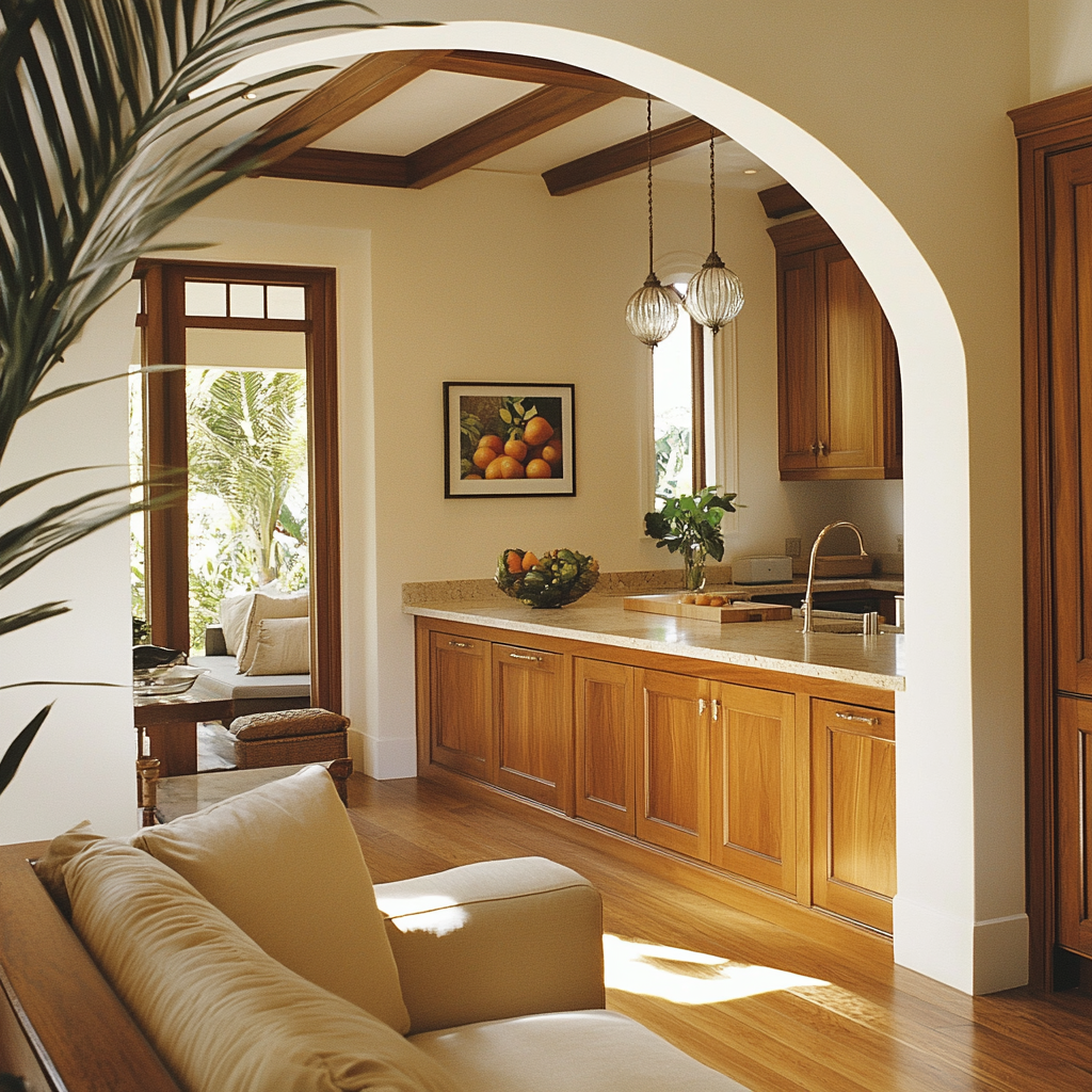 Neutral-Toned Bungalow Kitchen with Arch and Island 