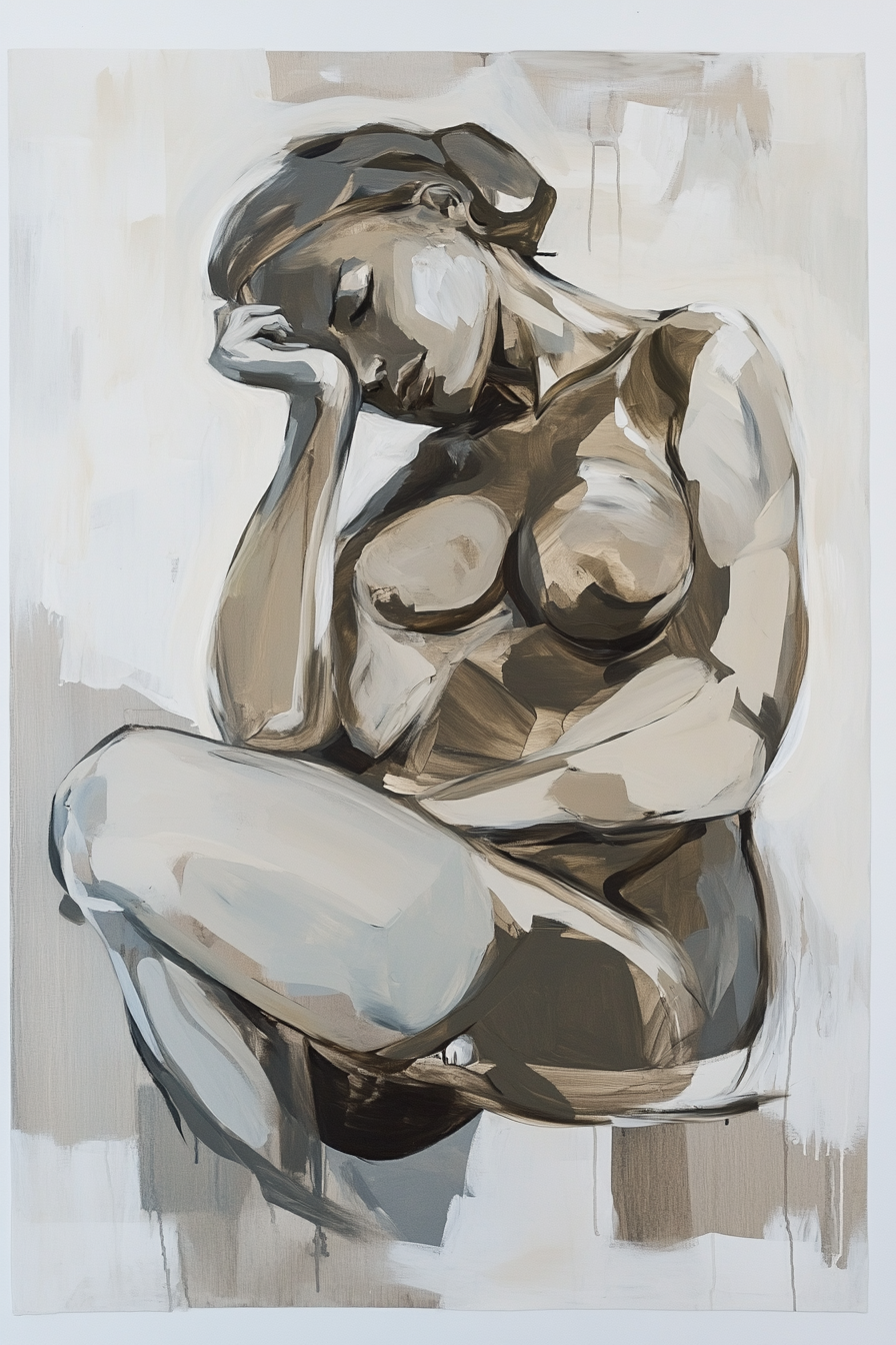 Neutral background painting of female form in muted style.