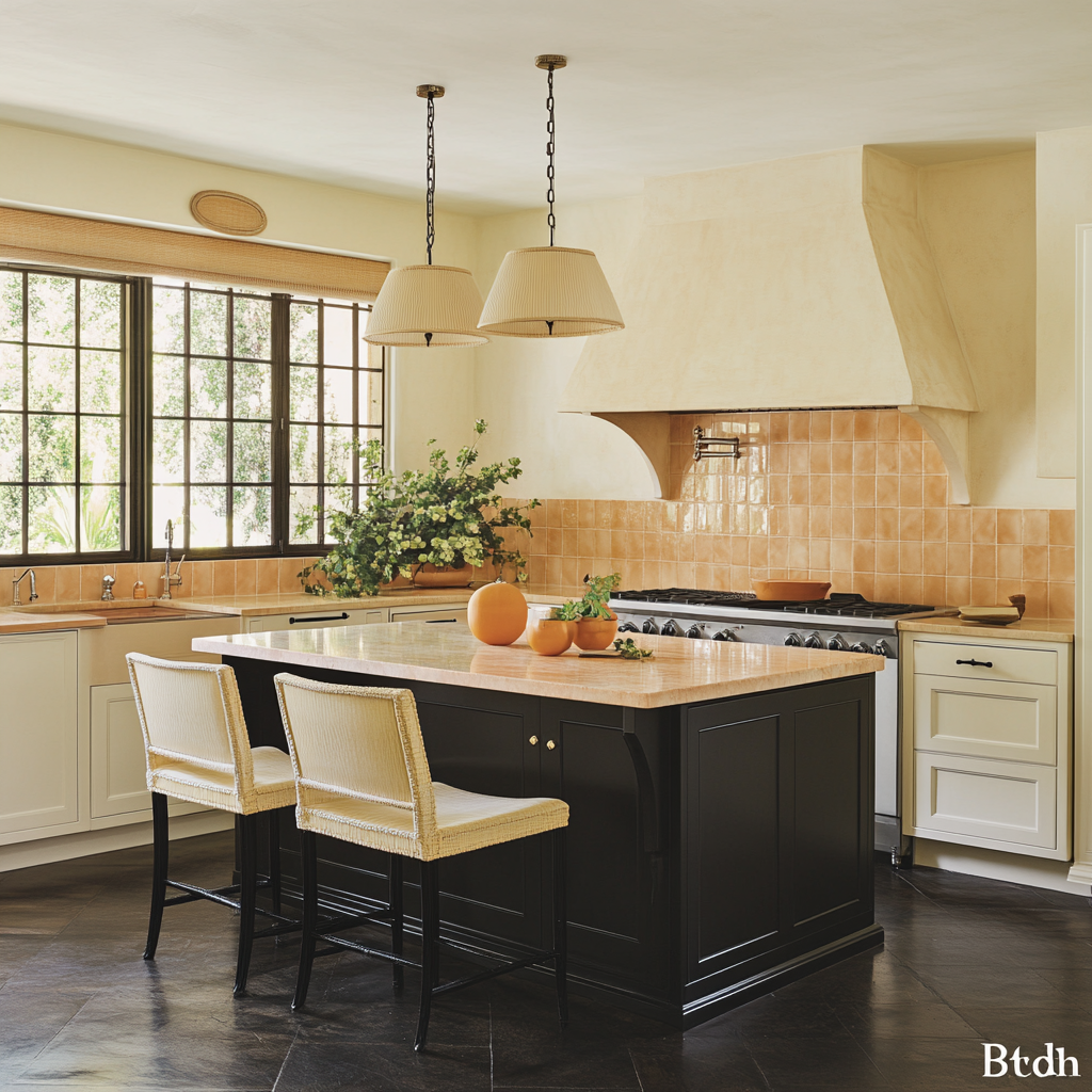 Neutral bungalow kitchen with peach tile backsplash