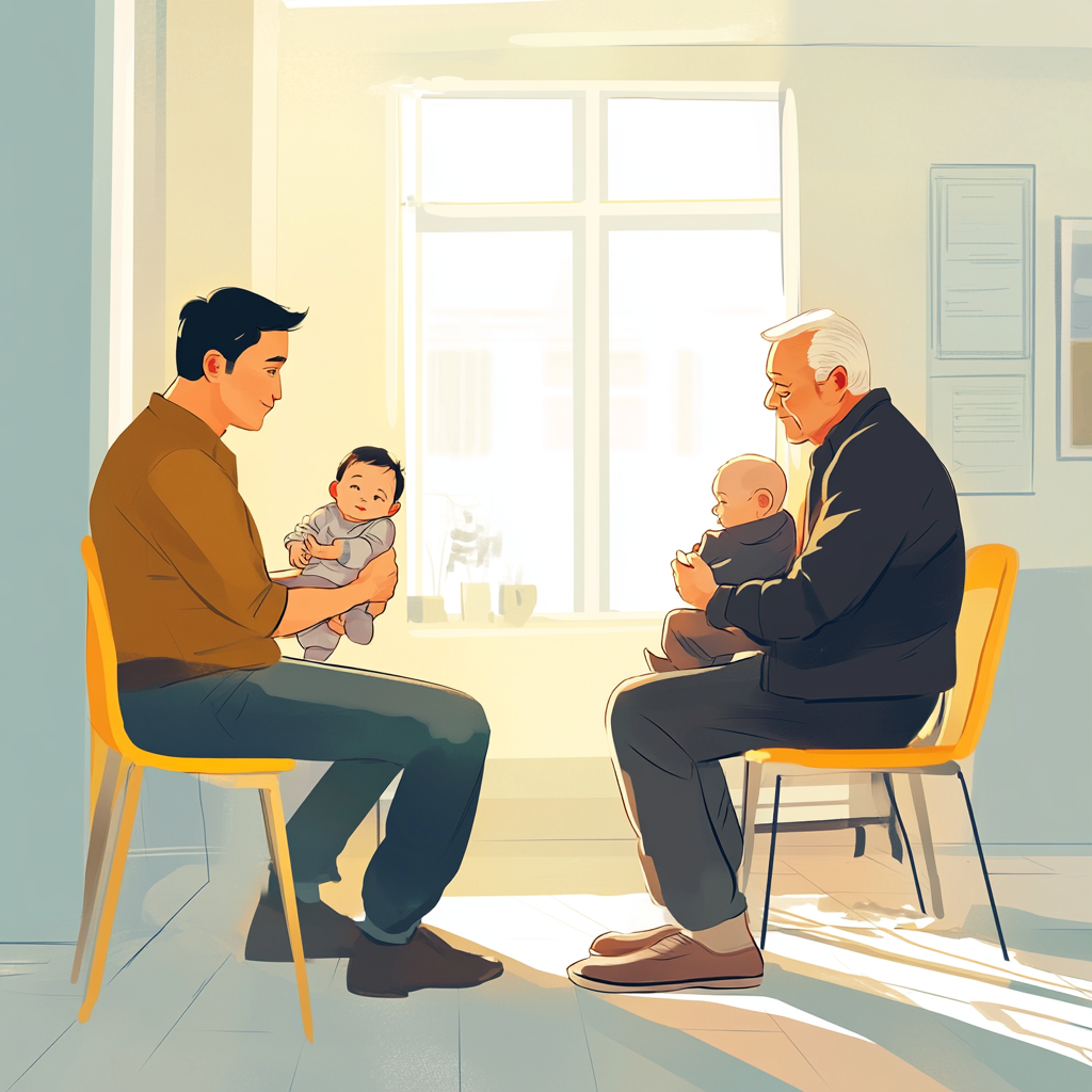 New Father and Grandfather Admiring Baby in Room