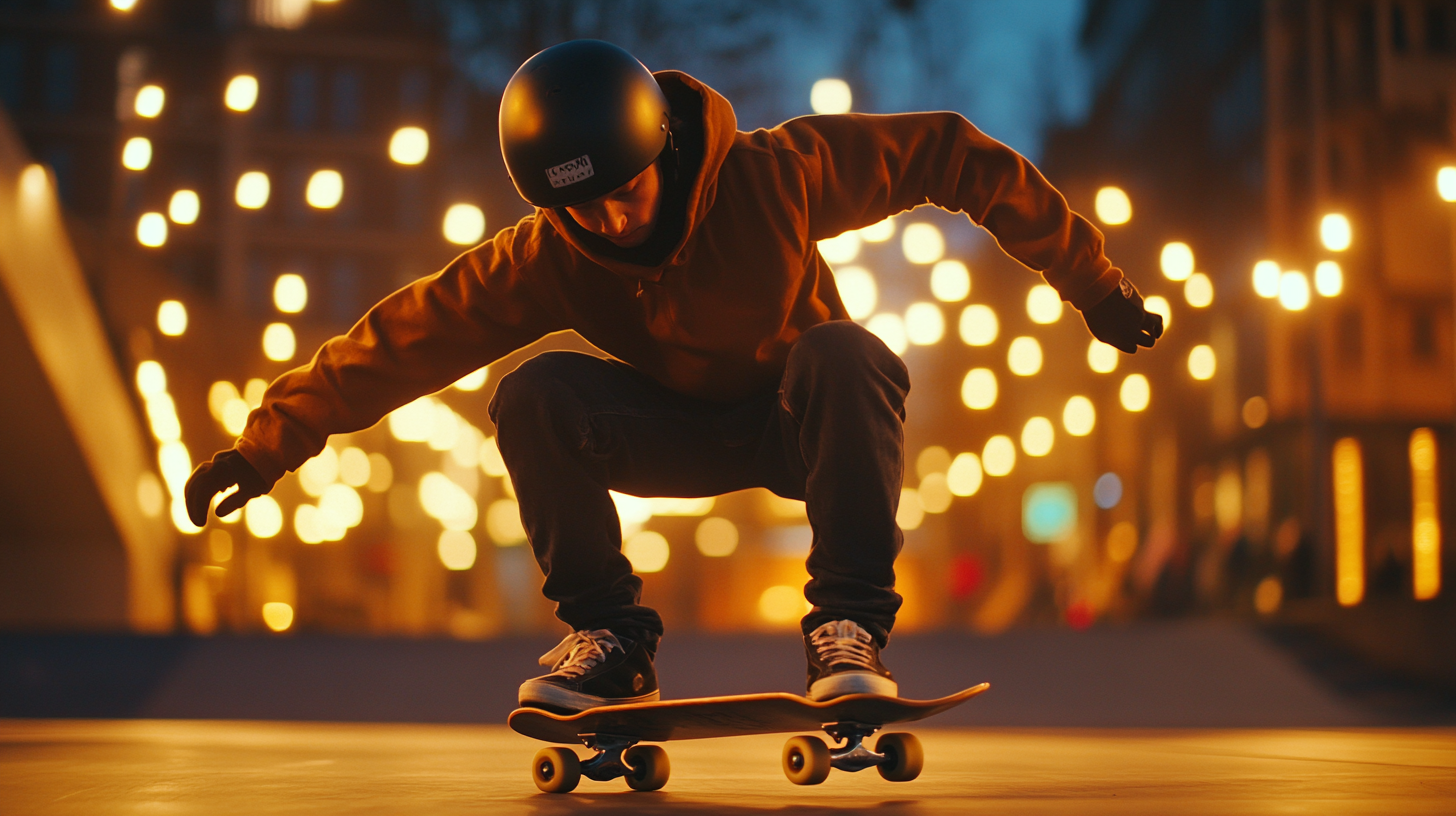 Newbie skater wearing protective gear balances on skateboard.