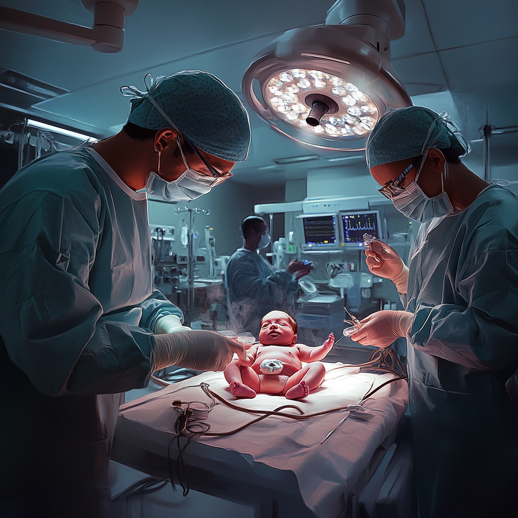 Newborn baby in doctor's arms, wide angle view.