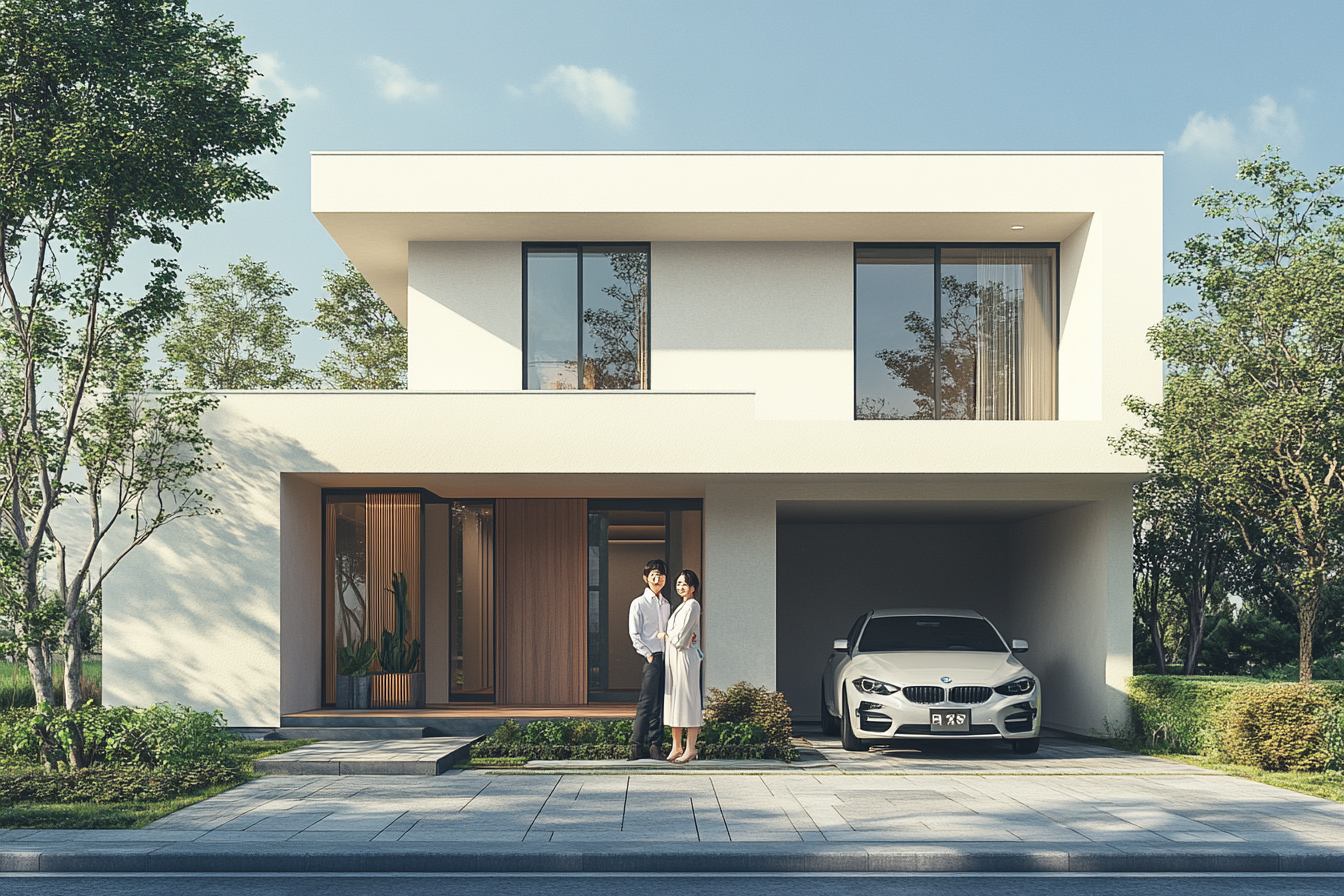 Newly Married Couple in Front of Modern Home