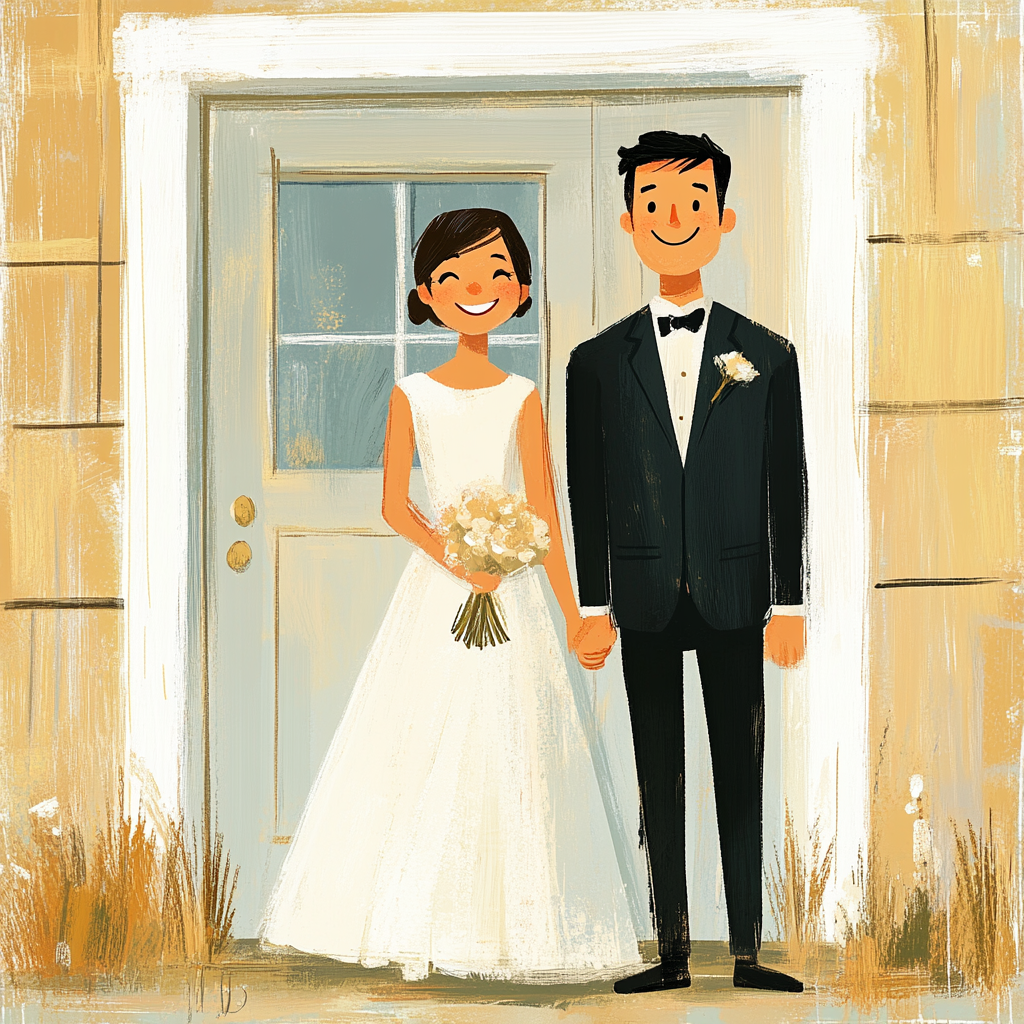 Newlyweds posing by flower door, vibrant children's book art.