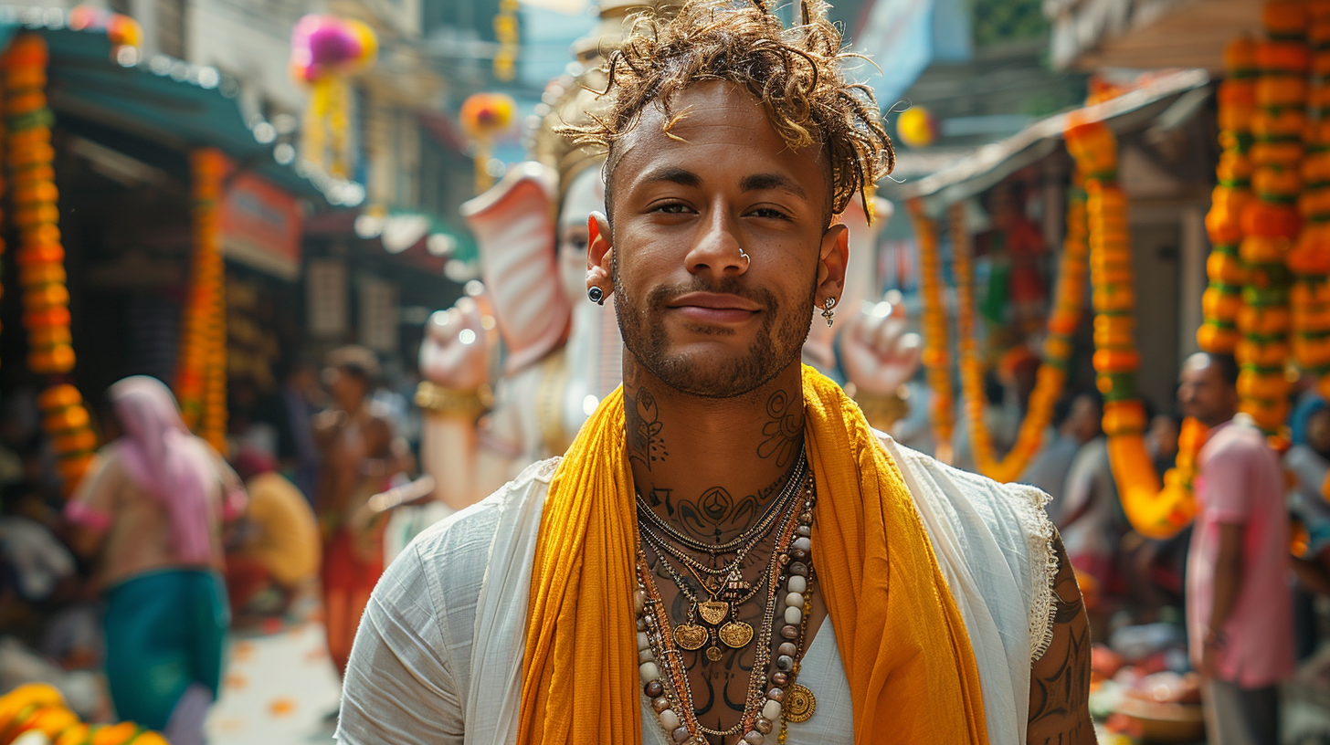 Neymar in Indian clothes smiling with Ganesh statue.