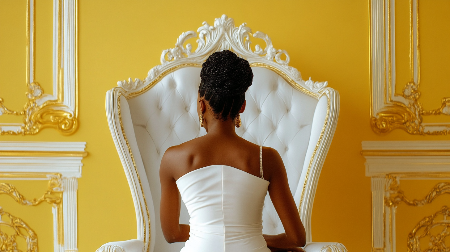 Nia Long's elegant beauty on white throne chair.