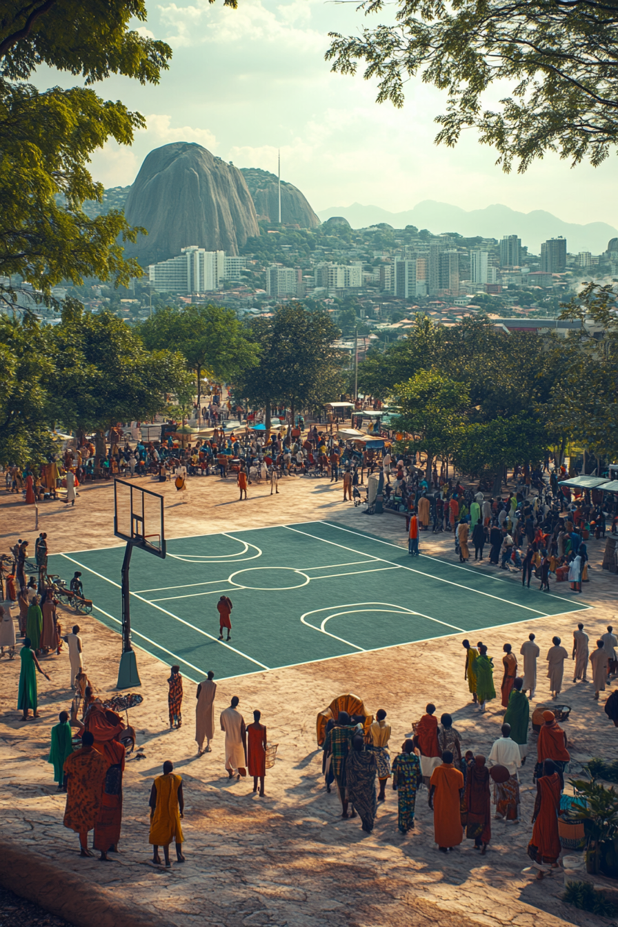 Nigerian basketball court with locals in traditional clothing.