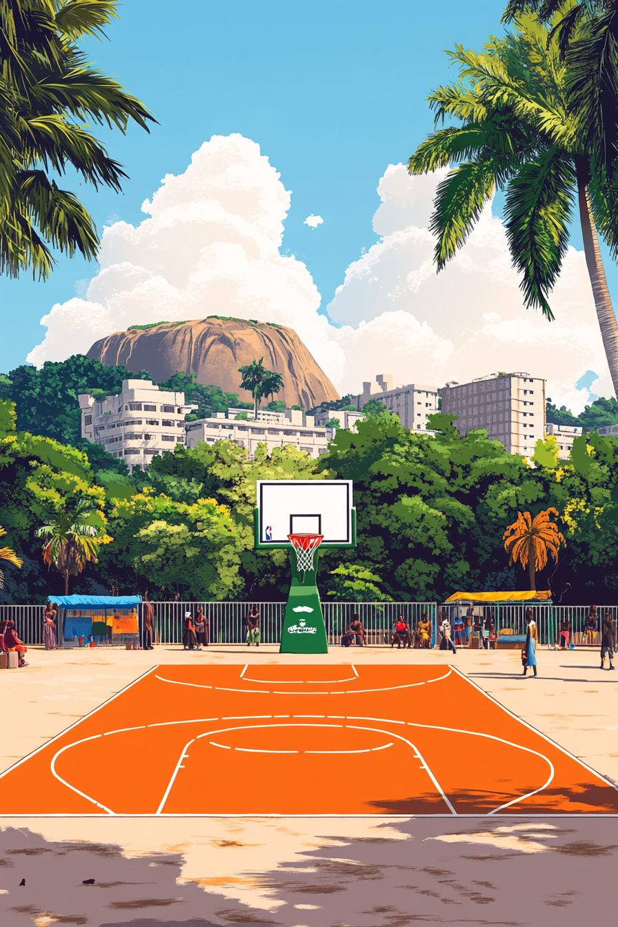 Nigerian-inspired basketball court with Abuja scenery in background.