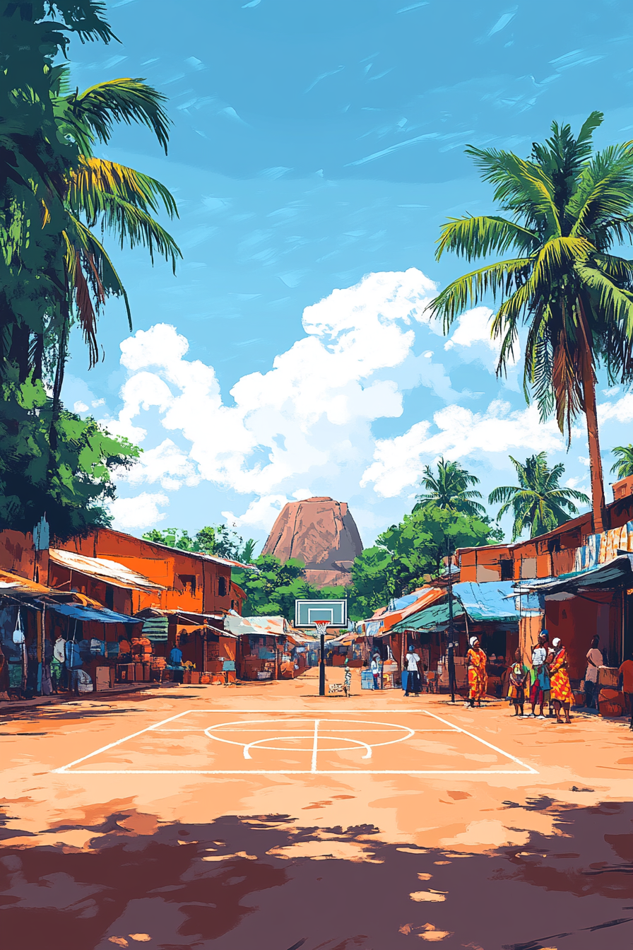 Nigerian-inspired street scene with basketball court as focal point.