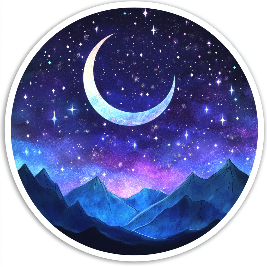 Night Court sticker design with moon, stars, mountains, wings.