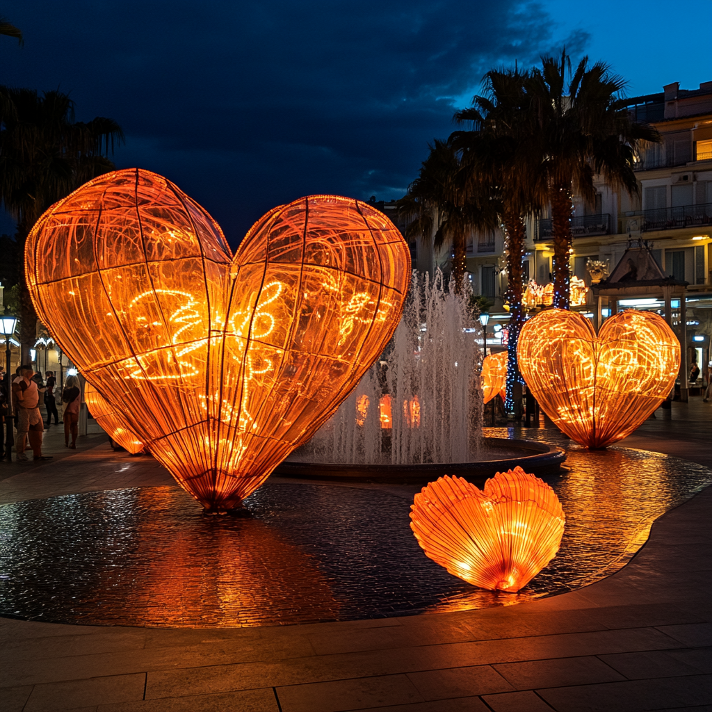 Night Square in Riccione with Heart Lanterns and Fountain 